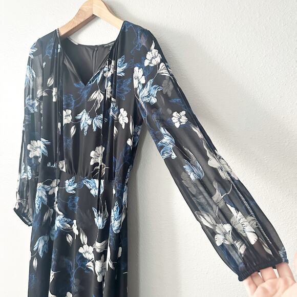 WHBM Black Blue Floral Flowy Long Sleeve Midi Dress women's size 8 - Picture 3 of 12
